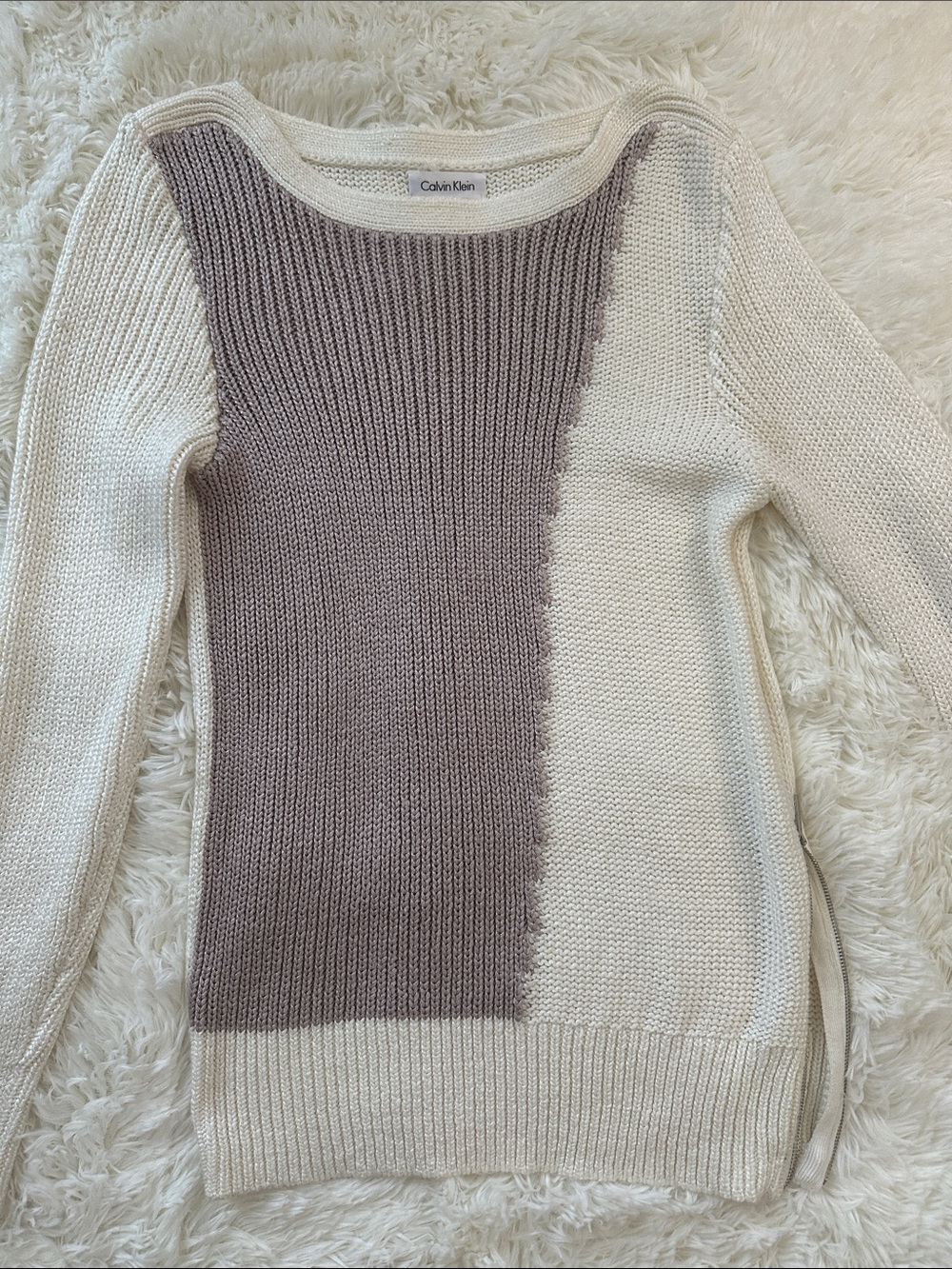 Calvin Klein Cream and Taupe Colorblock Crew Sweater